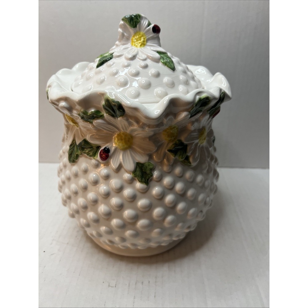 Vintage 1994 Cracker Barrel White Ceramic‎ Hobnail 3D Daisy Ladybug Cookie Jar